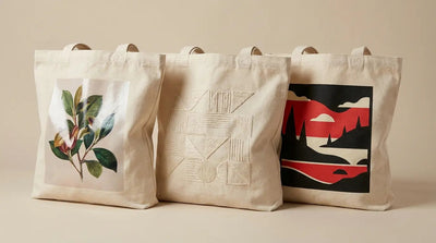 Three custom tote bags showing DTF print, embroidery and screen printing side by side