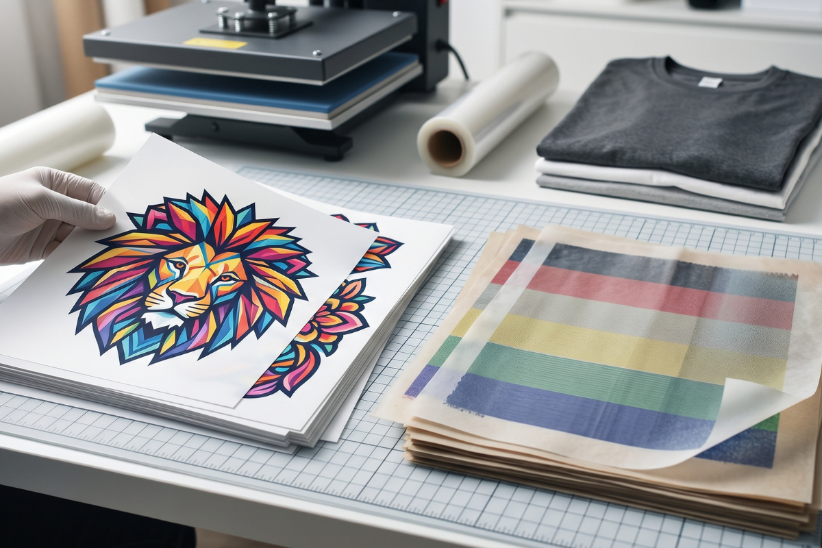 A hand holding a vibrant geometric lion DTF transfer sheet next to color test strips and a heat press, ready for application onto a folded t-shirt