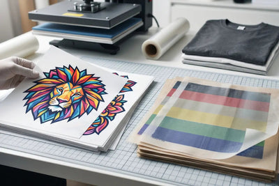 A hand holding a vibrant geometric lion DTF transfer sheet next to color test strips and a heat press, ready for application onto a folded t-shirt