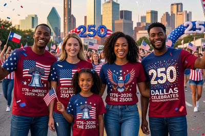 Family of four adults and one child wearing custom red and navy patriotic t-shirts at a 4th of July parade with the Dallas skyline in the background