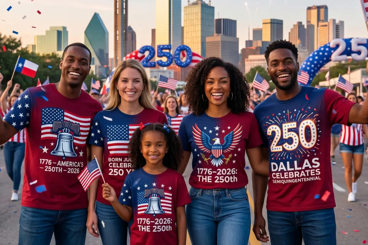 Family of four adults and one child wearing custom red and navy patriotic t-shirts at a 4th of July parade with the Dallas skyline in the background