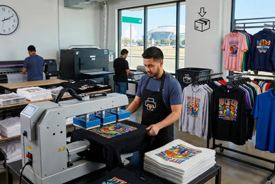 Print shop worker in apron pressing a colorful graphic onto a black t-shirt at a heat press machine, and a retail rack of custom apparel in the background.