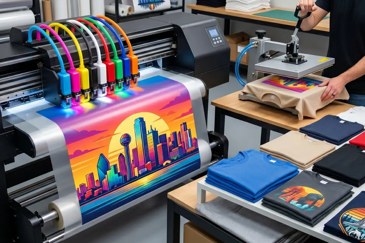 9-color DTF printer with nine vibrant ink tubes in pink, yellow, white, green, blue, red, orange, white, and cyan printing a vivid Dallas skyline sunset graphic onto transfer film