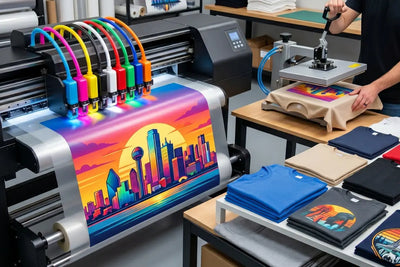 9-color DTF printer with nine vibrant ink tubes in pink, yellow, white, green, blue, red, orange, white, and cyan printing a vivid Dallas skyline sunset graphic onto transfer film