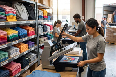 Worker applying DTF transfer onto black t-shirt using heat press, with shelves of Bella+Canvas, Comfort Colors, and Next Level blank apparel stocked nearby