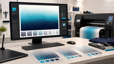 DTF halftone software workflow displayed on a computer screen with cyan and navy dot patterns, printed test swatches, and a DTF printer in a modern production studio.