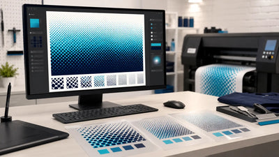 DTF halftone software workflow displayed on a computer screen with cyan and navy dot patterns, printed test swatches, and a DTF printer in a modern production studio.