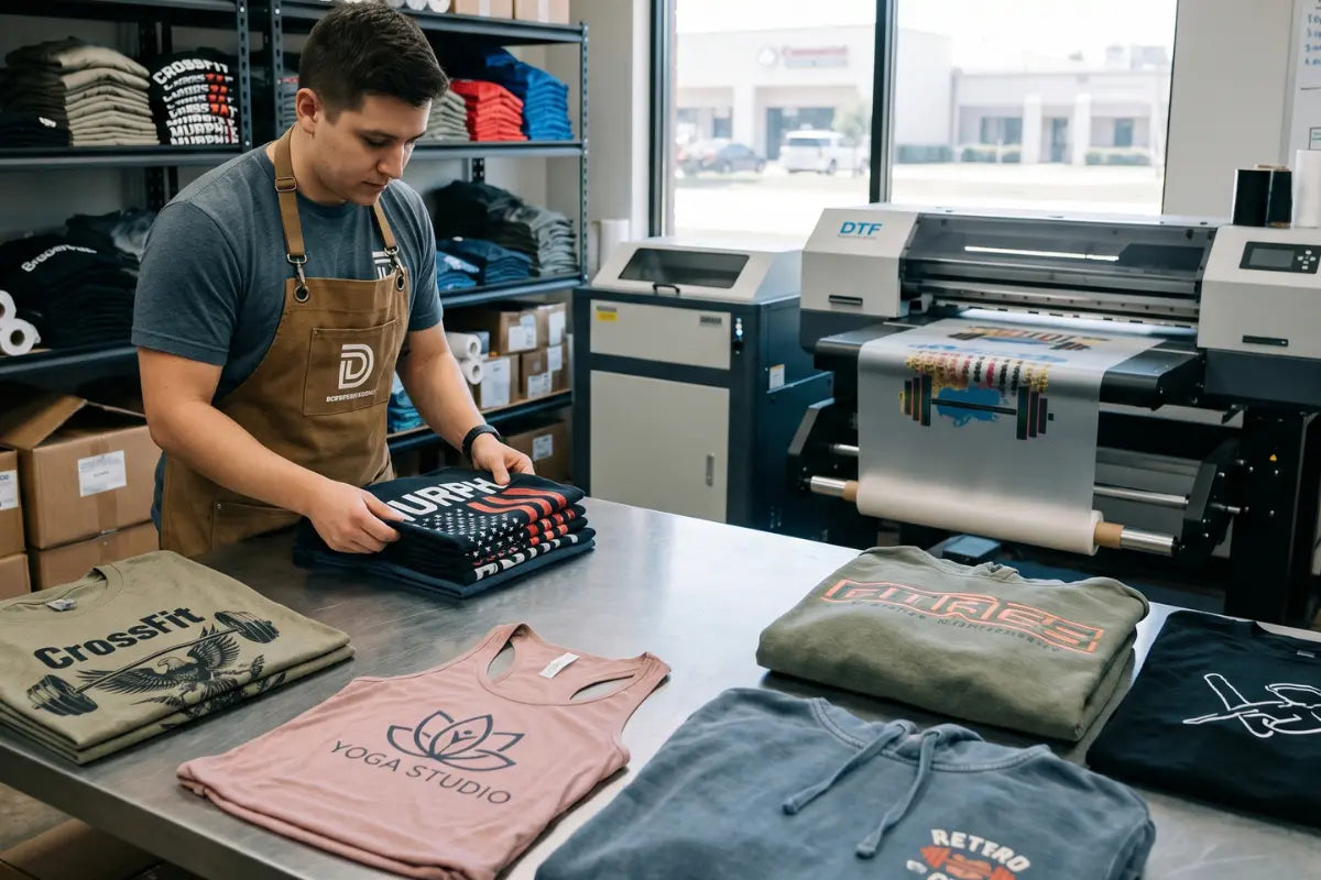 A worker folds custom DTF-printed gym shirts at a Dallas print shop, with branded apparel and a DTF printer in the background.