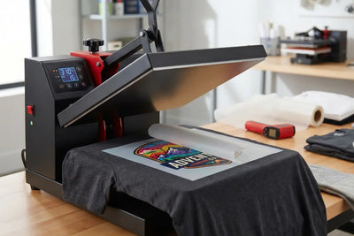 Heat press machine open over a dark t-shirt with a colorful DTF transfer being applied on a wooden worktable in a home print studio.