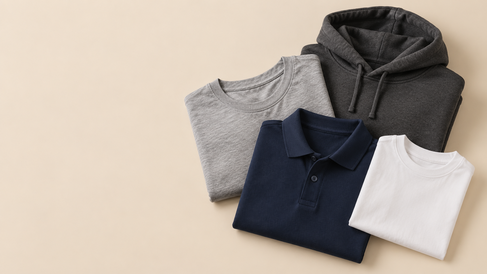 Folded blank grey t-shirt, navy polo shirt, charcoal hoodie and small white youth t-shirt arranged together on a warm beige studio background