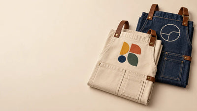 Folded canvas and denim custom aprons with a printed emblem and a stitched emblem on cream background
