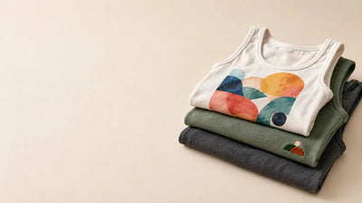 Stack of folded custom tank tops with a colorful DTF print and a small embroidered emblem on cream background
