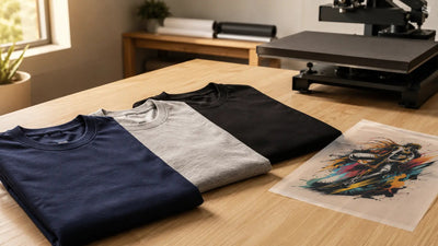 Print shop worktable with folded premium, heather, and heavyweight blank t-shirts beside a DTF transfer sheet and heat press, showing BELLA+CANVAS alternatives at DTF Dallas