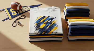 Folded t-shirt with a blue and gold athletic graphic on top of stacked navy, gold, and white shirts, beside a football, whistle, and felt pennant