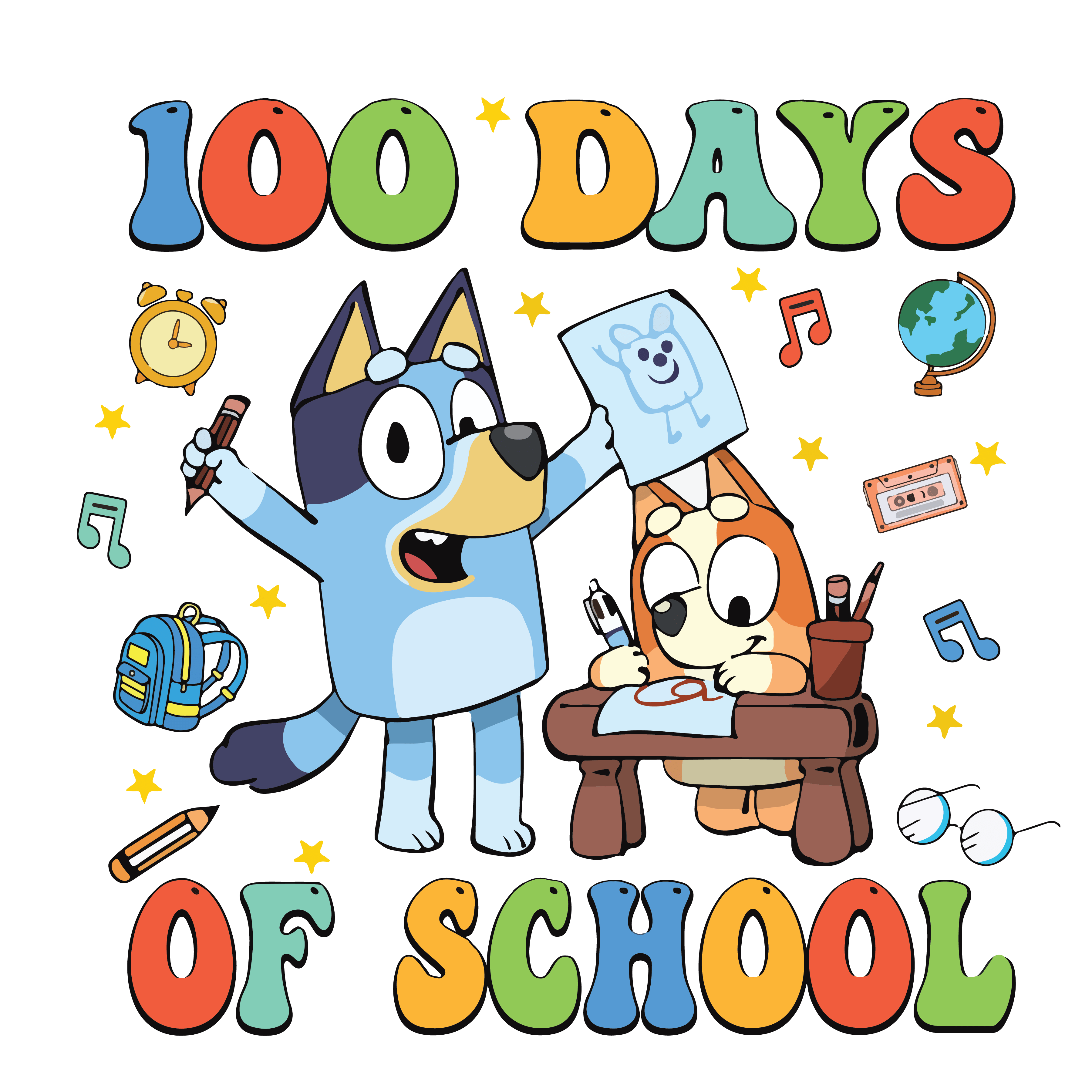 Bluey And Bingo 100 Days Of School Party Design DTF Ready To Press bluey-and-bingo-100-days-of-school-party-design-dtf-ready-to-press