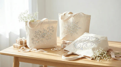 Dark canvas tote bag with a rhinestone monogram and printed DTF artwork