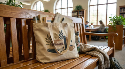 Canvas book tote bag with a college club logo printed in full color