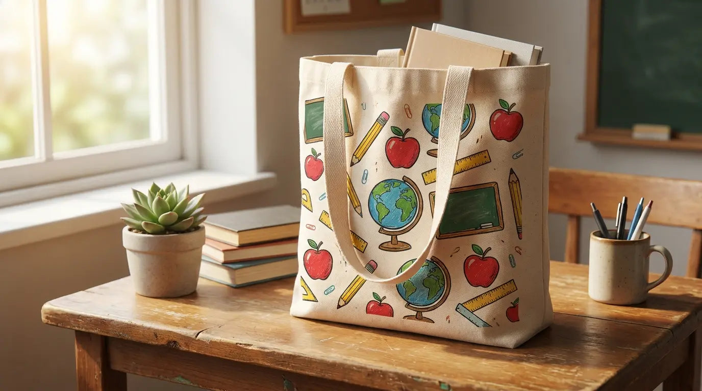 Canvas teacher tote bag with printed apple artwork and a rhinestone teacher name