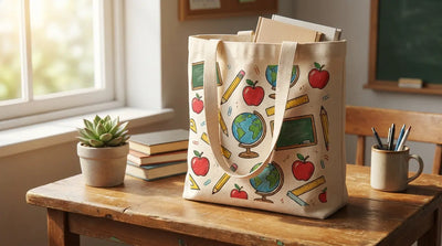 Canvas teacher tote bag with printed apple artwork and a rhinestone teacher name