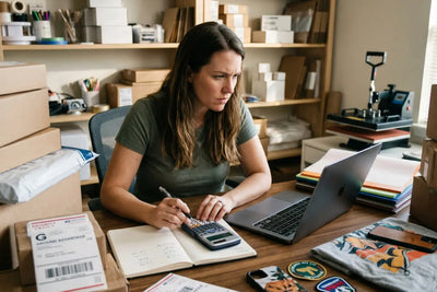 Etsy seller calculating shipping costs at her desk with USPS Ground Advantage labels, a heat press machine, and DTF transfers in the background.