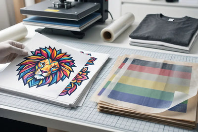A hand holding a vibrant geometric lion DTF transfer sheet next to color test strips and a heat press, ready for application onto a folded t-shirt