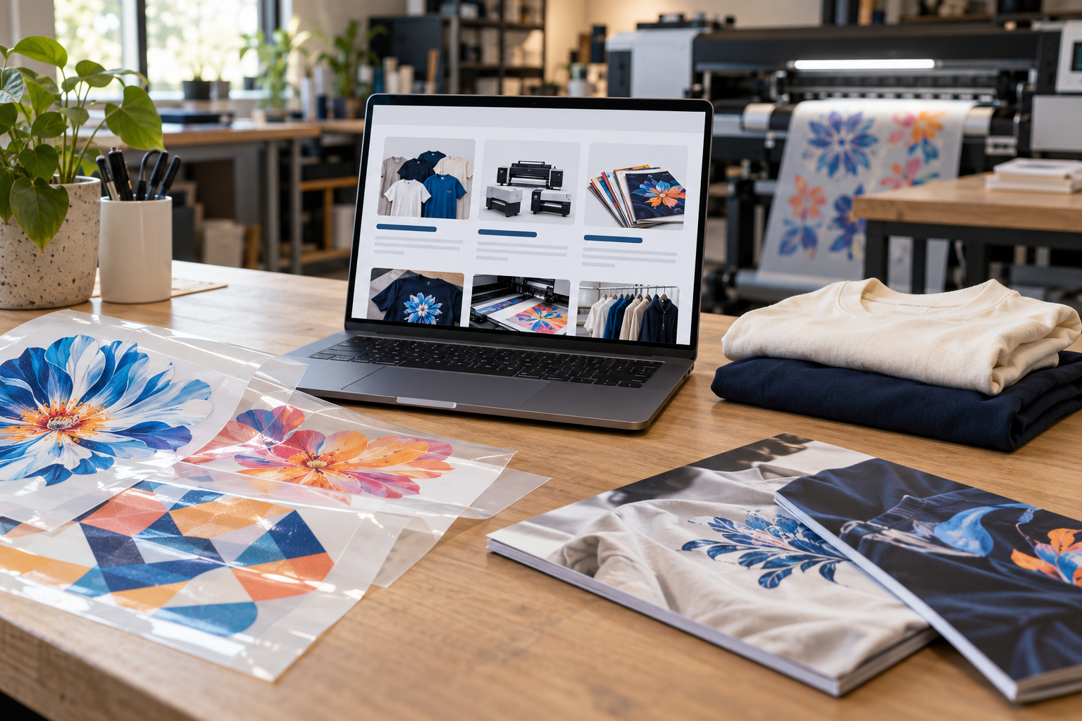 Laptop displaying DTF research resources beside transfer samples, blank T-shirts and apparel industry magazines.