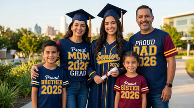 Family of five posing outdoors wearing custom DTF-printed graduation shirts reading "Proud Mom of a 2026 Grad," "Proud Dad 2026," "Proud Brother 2026," "Proud Sister 2026," and graduate in navy cap and gown holding diploma, Dallas skyline background