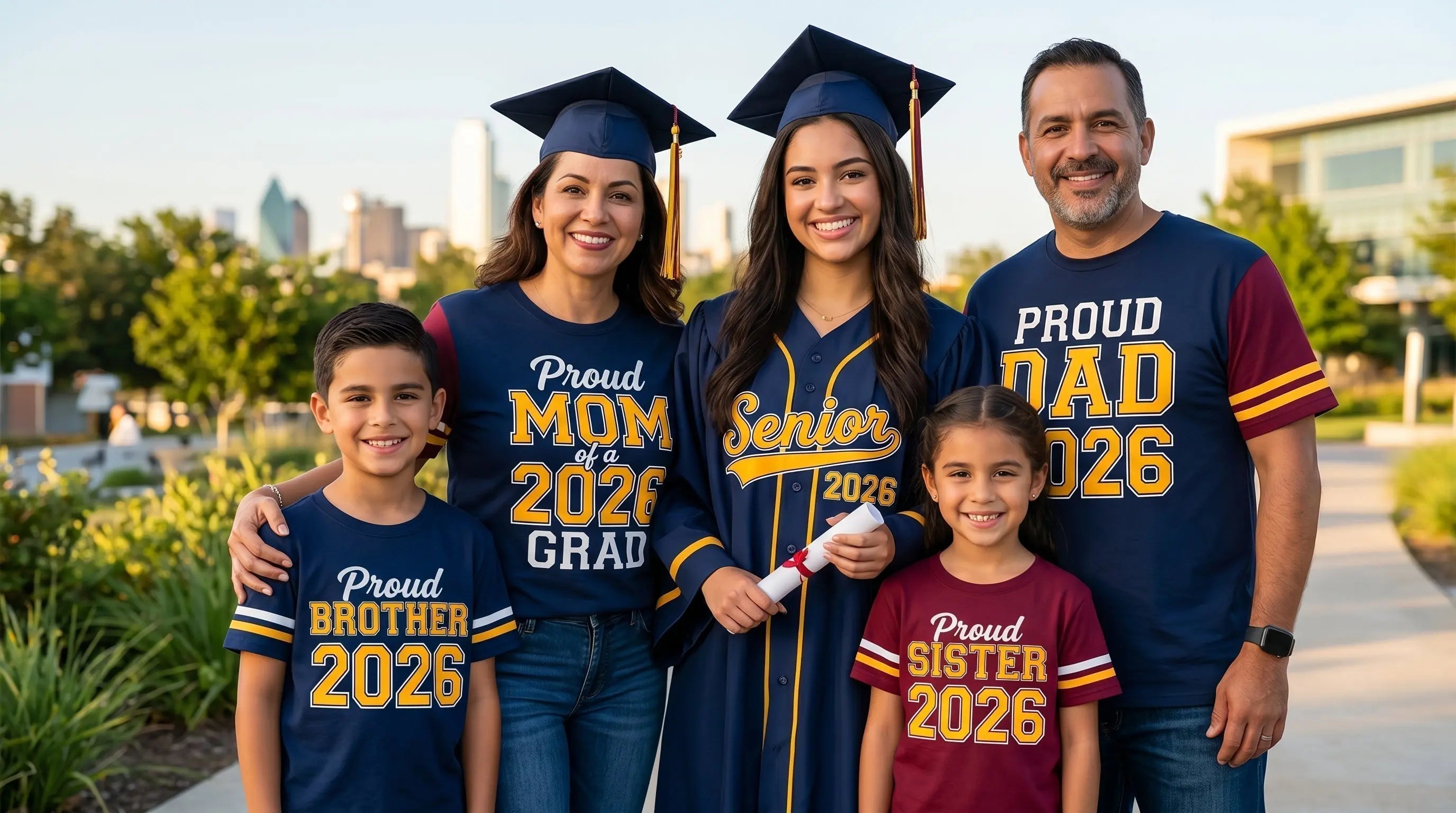 Family of five posing outdoors wearing custom DTF-printed graduation shirts reading 