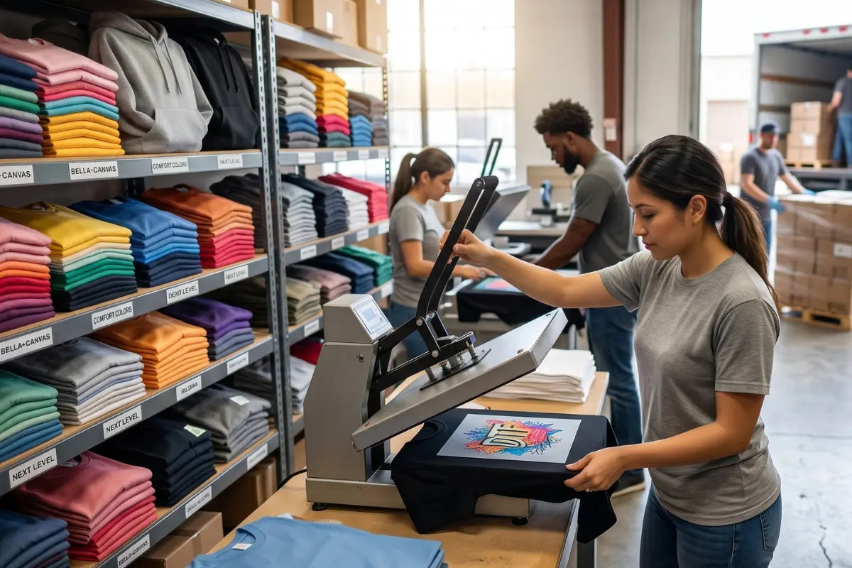 Worker applying DTF transfer onto black t-shirt using heat press, with shelves of Bella+Canvas, Comfort Colors, and Next Level blank apparel stocked nearby