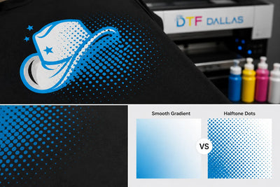 Black T-shirt with a blue and white DTF halftone graphic beside a DTF printer and ink bottles