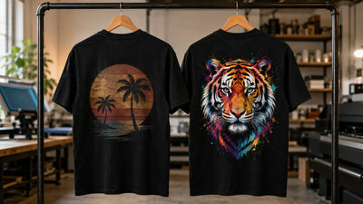 Two black shirts showing a soft vintage discharge print and a vibrant full-color DTF print in a professional print shop