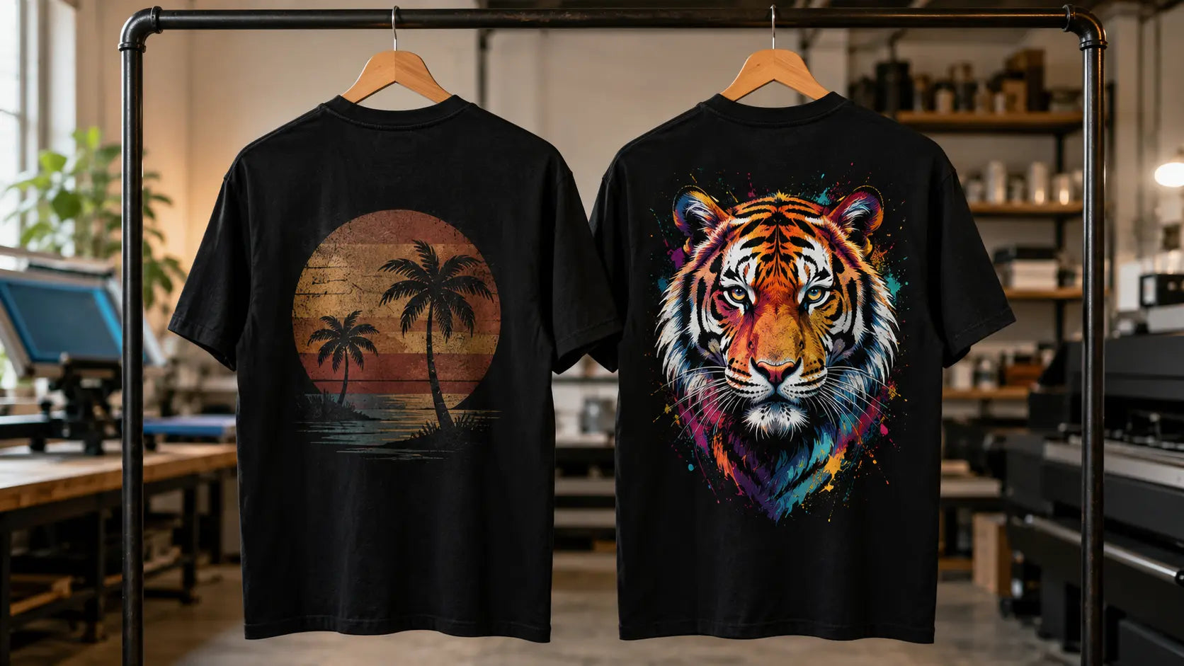 Two black shirts showing a soft vintage discharge print and a vibrant full-color DTF print in a professional print shop
