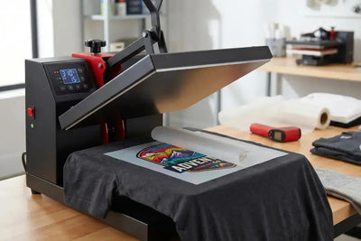 Heat press machine open over a dark t-shirt with a colorful DTF transfer being applied on a wooden worktable in a home print studio.
