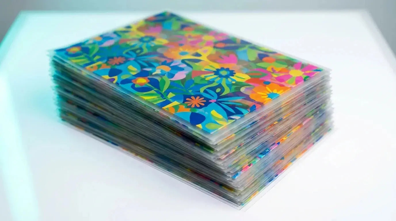 Stack of full-color floral DTF transfers printed on clear PET film, ready to press