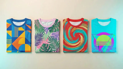 Four folded t-shirts with different colorful printed designs side by side, comparing apparel printing methods
