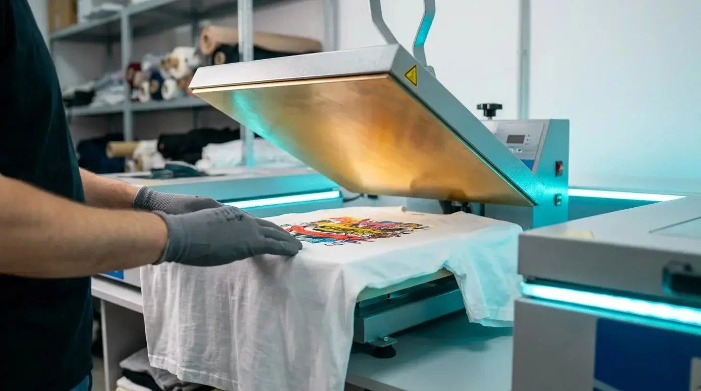 Gloved hands smoothing a white t-shirt with a full-color DTF transfer on an open heat press