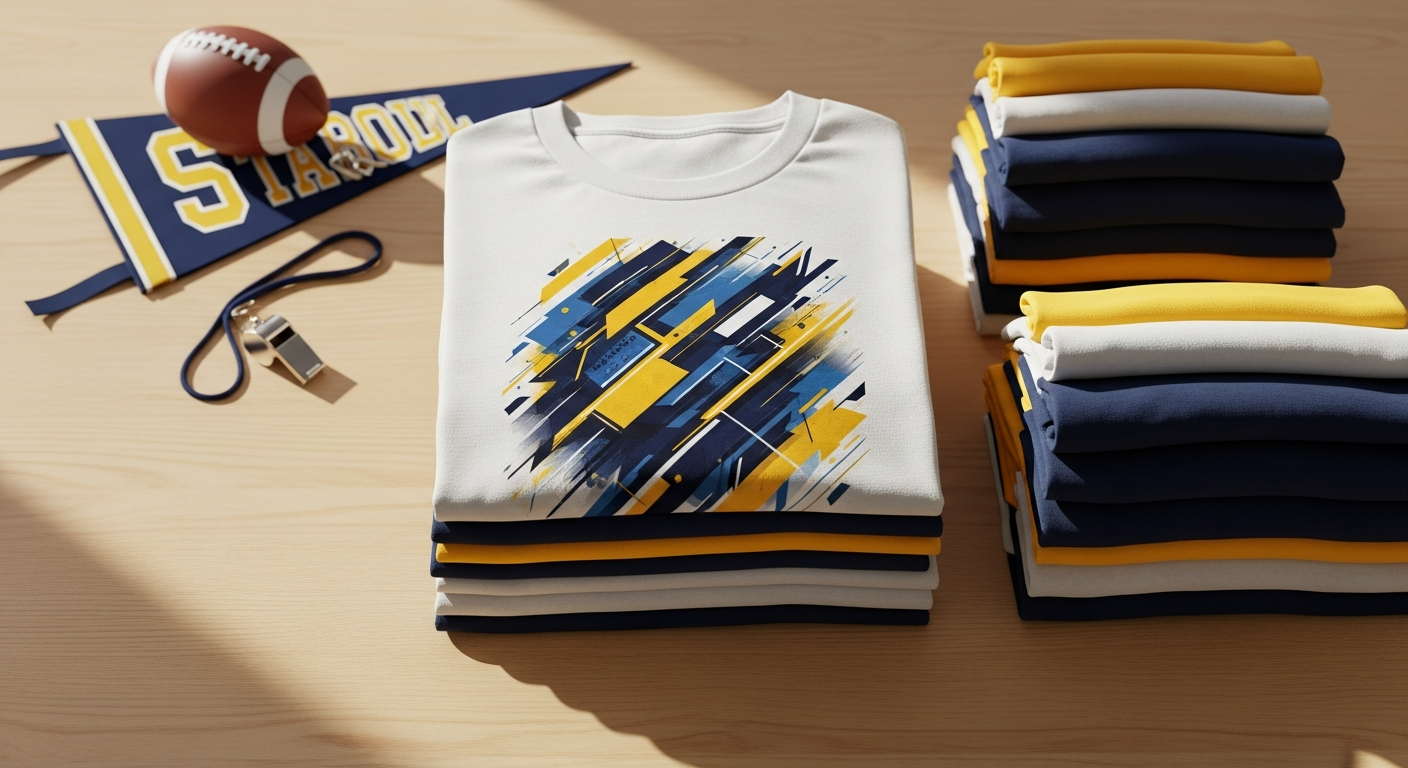 Folded t-shirt with a blue and gold athletic graphic on top of stacked navy, gold, and white shirts, beside a football, whistle, and felt pennant