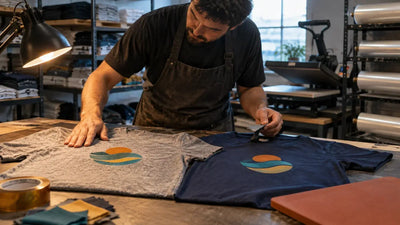 Printer comparing the same DTF print on a heathered tri blend shirt and a cotton tee under a work lamp