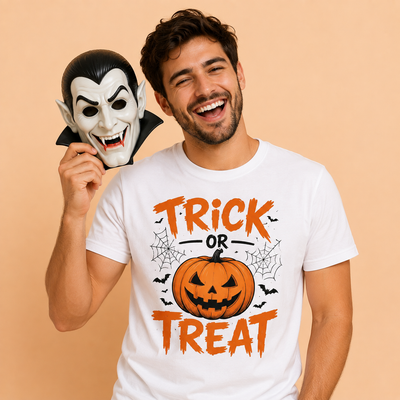 DTF Halloween design collection featuring playful monster characters, pumpkins, bats, and spooky elements on a festive background.