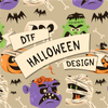 DTF Halloween design collection featuring playful monster characters, pumpkins, bats, and spooky elements on a festive background.