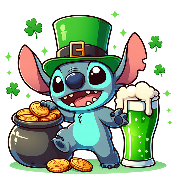 Lilo & Stitch Saint Patty Luck Charm Design pressed on a garment
