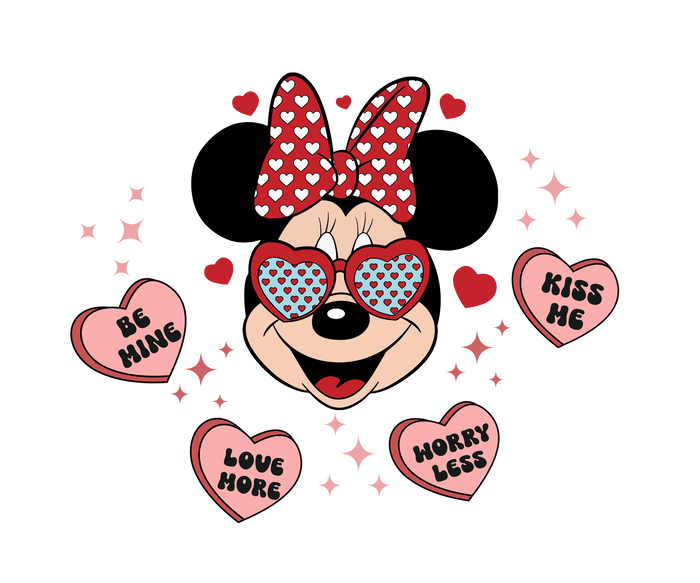 Minnie Mouse Love More Valentine Design pressed on a garment