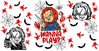 UV DTF 16 Oz Libbey Glass Cup Wrap -  Chucky Wanna Play Horror Movie - DTF Dallas 