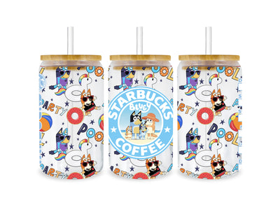 UV Libbey Glass Cup Wrap Bluey Summer Starbucks | DTF Dallas - DTF Dallas 