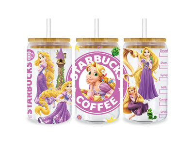UV DTF 16 Oz Libbey Glass Cup Wrap -  Disney Princess Tangled Rapunzel Starbucks - DTF Dallas 
