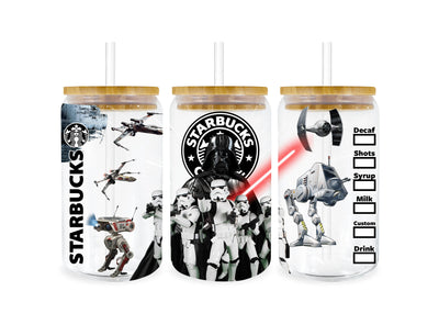 UV DTF 16 Oz Libbey Glass Cup Wrap - Star Wars Darth Vader And Stormtroopers Starbucks - DTF Dallas 