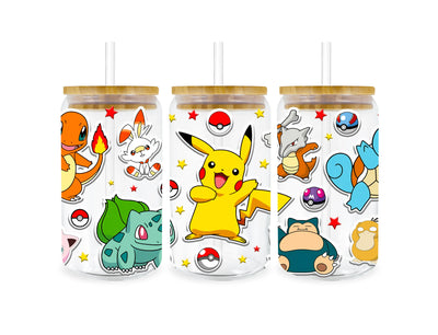 UV DTF 16 Oz Libbey Glass Cup Wrap - Pokemon Pikachu Charmander Squirtle Bulbasaur - DTF Dallas 