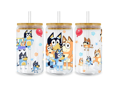 UV DTF 16 Oz Libbey Glass Cup Wrap -  Bluey Family - DTF Dallas 