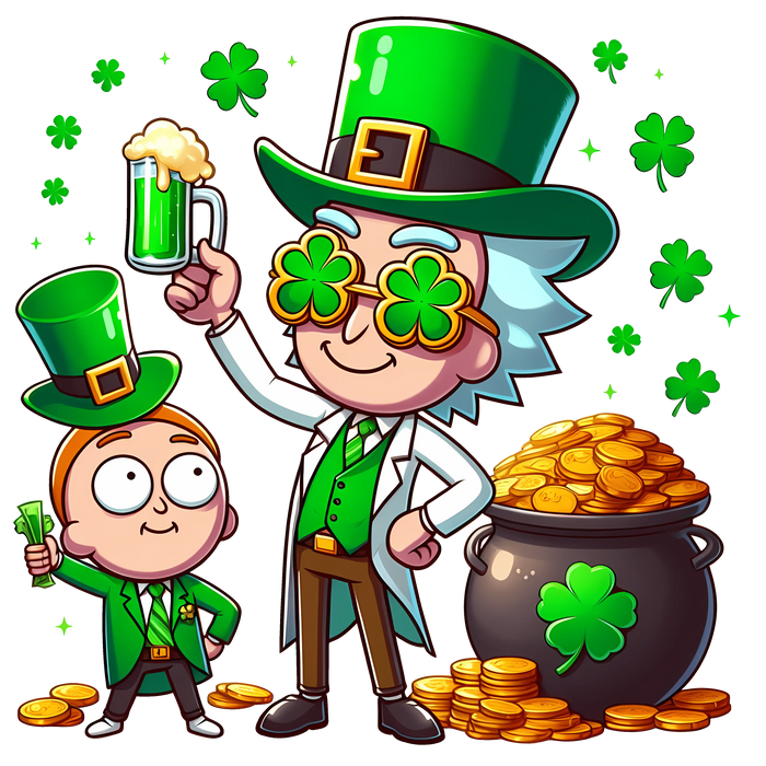 Rick and Morty Lucky Day Saint Patrick's Design pressed on a garment