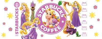 UV DTF 16 Oz Libbey Glass Cup Wrap -  Disney Princess Tangled Rapunzel Starbucks - DTF Dallas 